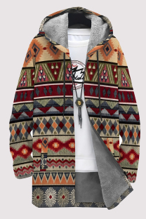 Multicolor Casual Geometric Print Pocket Zipper Contrast Fleece-lined Hooded Outerwear