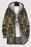 White Casual Geometric Print Pocket Zipper Contrast Fleece-lined Hooded Outerwear