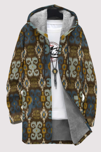 Coffee Casual Geometric Print Pocket Zipper Contrast Fleece-lined Hooded Outerwear