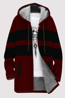 Black Casual Striped Print Gradient Pocket Zipper Contrast Fleece-lined Hooded Outerwear