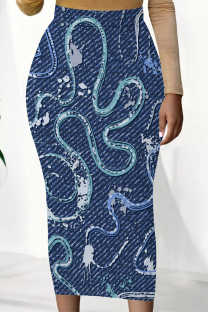Blue Casual Street Flowers Heart Shaped Faux Denim Print Contrast Regular High Waist Full Print Bottoms