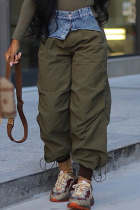 Army Green Casual Patchwork Pocket Regular High Waist Conventional Patchwork Trousers