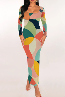 Multicolor Casual Print Patchwork U Neck Long Dresses
