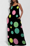 Black Green Sexy Geometric Print Polka Dot Pocket Contrast V Neck Printed Dresses