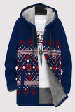 Deep Blue Casual Geometric Print Pocket Zipper Contrast Fleece-lined Hooded Outerwear