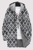 Deep Blue Casual Geometric Print Pocket Zipper Contrast Fleece-lined Hooded Outerwear