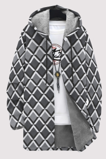 White Grey Casual Geometric Print Pocket Zipper Contrast Fleece-lined Hooded Outerwear