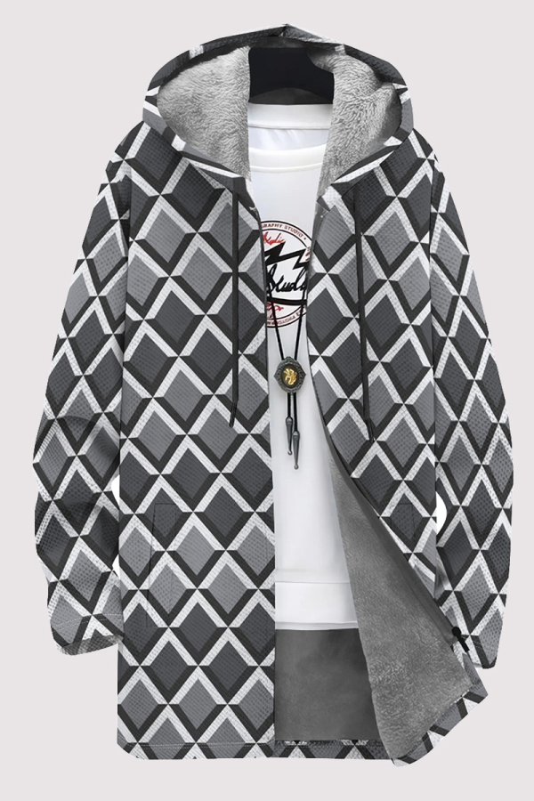 White Grey Casual Geometric Print Pocket Zipper Contrast Fleece-lined Hooded Outerwear