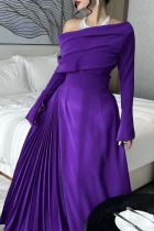 Purple Elegant Solid Color Patchwork Ruched Oblique Collar Long Dresses