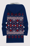 Deep Blue Casual Geometric Print Pocket Zipper Contrast Fleece-lined Hooded Outerwear
