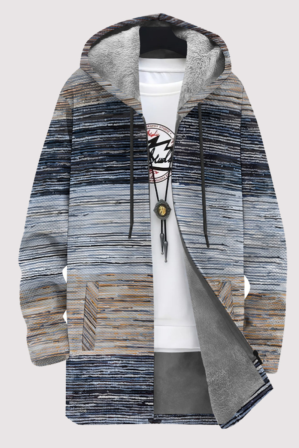 Blue Gray Casual Striped Print Gradient Pocket Zipper Contrast Fleece-lined Hooded Outerwear