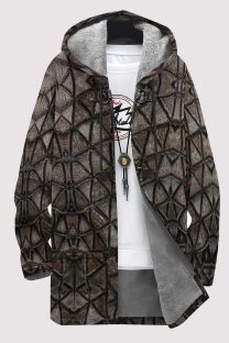 Brown Casual Geometric Print Pocket Zipper Contrast Fleece-lined Hooded Outerwear