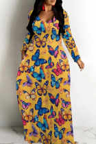 Orange Blue Casual Print Patchwork V Neck Long Dresses