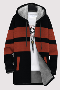 Orange Casual Striped Print Gradient Pocket Zipper Contrast Fleece-lined Hooded Outerwear