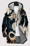 Deep Blue Casual Geometric Print Pocket Zipper Contrast Fleece-lined Hooded Outerwear