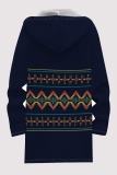Deep Blue Casual Geometric Print Pocket Zipper Contrast Fleece-lined Hooded Outerwear