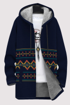 Tibetan Blue Casual Geometric Print Pocket Zipper Contrast Fleece-lined Hooded Outerwear