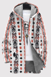 Black Casual Print Pocket Patchwork Zipper Contrast Hooded Outerwear