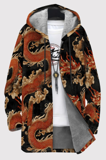Orange Black Casual Print Pocket Patchwork Zipper Contrast Hooded Outerwear