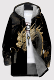 Black Casual Print Pocket Patchwork Zipper Contrast Hooded Outerwear