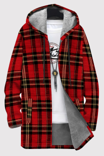 Red Casual Print Pocket Patchwork Zipper Contrast Hooded Outerwear