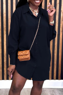 Black Casual Solid Color Buckle Patchwork Turndown Collar Tops