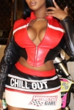 Red Sexy Casual Hot Print Patchwork Zipper Collar Long Sleeve Two Pieces