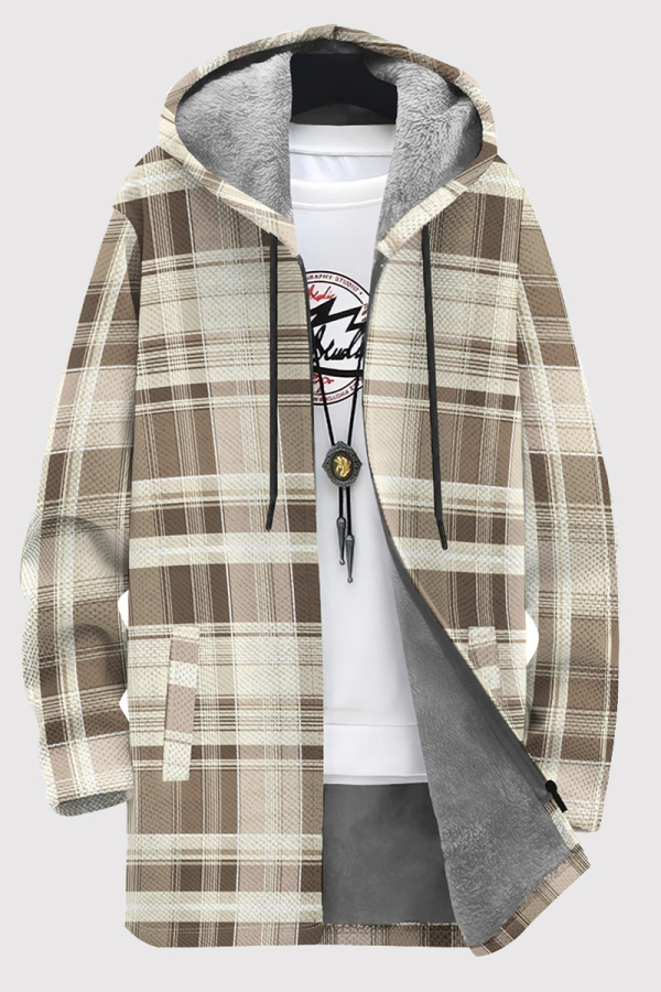 Light Khaki Casual Print Pocket Patchwork Zipper Contrast Hooded Outerwear