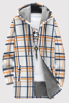 White Orange Casual Print Pocket Patchwork Zipper Contrast Hooded Outerwear