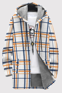 White Orange Casual Print Pocket Patchwork Zipper Contrast Hooded Outerwear