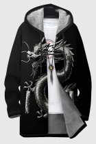 Black Casual Print Pocket Patchwork Zipper Contrast Hooded Outerwear