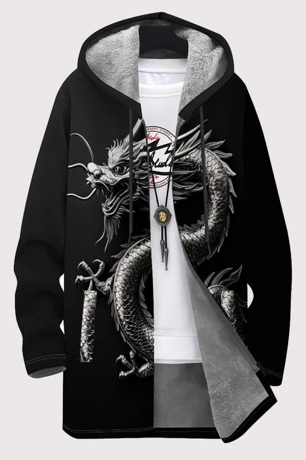 Black Casual Print Pocket Patchwork Zipper Contrast Hooded Outerwear