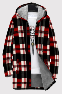 Black Red Casual Print Pocket Patchwork Zipper Contrast Hooded Outerwear