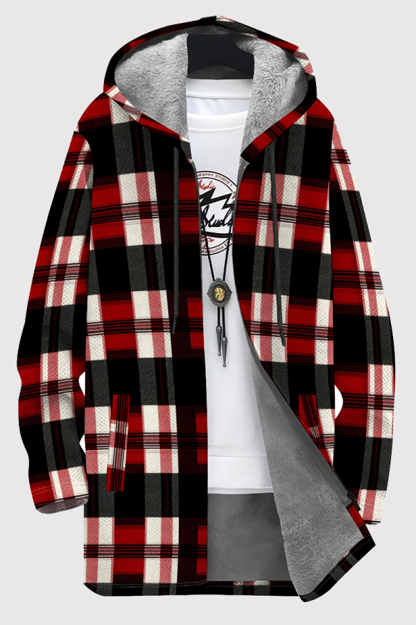 Black Red Casual Print Pocket Patchwork Zipper Contrast Hooded Outerwear