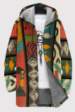 Black Casual Print Pocket Patchwork Zipper Contrast Hooded Outerwear