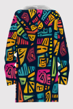 Black Casual Print Pocket Patchwork Zipper Contrast Hooded Outerwear
