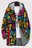 Black Casual Print Pocket Patchwork Zipper Contrast Hooded Outerwear