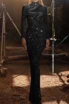 Black Sexy Solid Sequins Patchwork Half A Turtleneck One Step Skirt Dresses