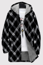 Black Gray Casual Print Pocket Patchwork Zipper Contrast Hooded Outerwear