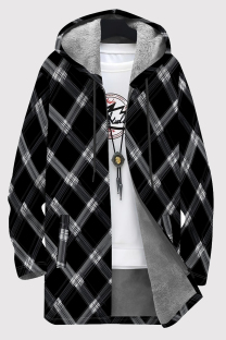 Black Gray Casual Print Pocket Patchwork Zipper Contrast Hooded Outerwear