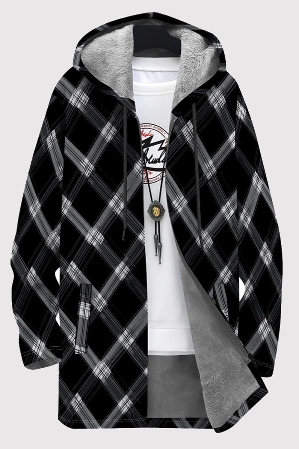 Black Gray Casual Print Pocket Patchwork Zipper Contrast Hooded Outerwear