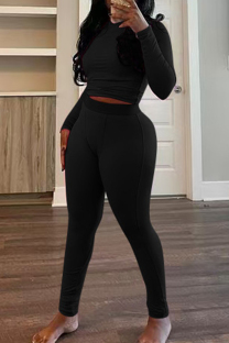 Black Casual Solid Color Basic O Neck Long Sleeve Two Pieces