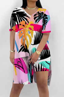 Pink Black Casual Vacation Floral Print Slit Contrast V Neck Short Sleeve Two Pieces