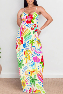 Beige Sexy Vacation Geometric Print Floral Print Contrast V Neck Printed Dresses