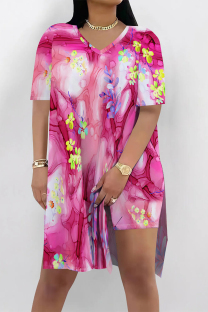 Pink Casual Vacation Floral Print Slit Contrast V Neck Short Sleeve Two Pieces