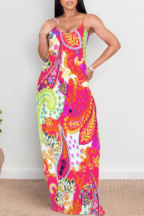 Red Sexy Vacation Geometric Print Floral Print Contrast V Neck Printed Dresses