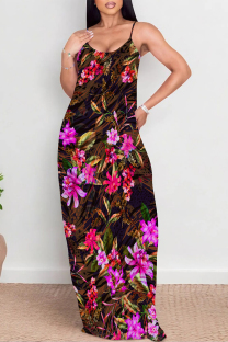 Brown Sexy Vacation Geometric Print Floral Print Contrast V Neck Printed Dresses