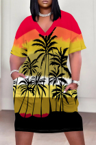 Red Yellow Casual Vacation Flowers Stripe Landscape printing Eye Pocket Contrast V Neck Printed Plus Size Dresses