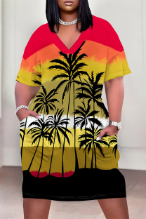 Red Yellow Casual Vacation Flowers Stripe Landscape printing Eye Pocket Contrast V Neck Printed Plus Size Dresses