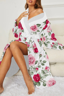 Powder White Daily Animal Print Floral Print Lace Up Contrast Sleepwear